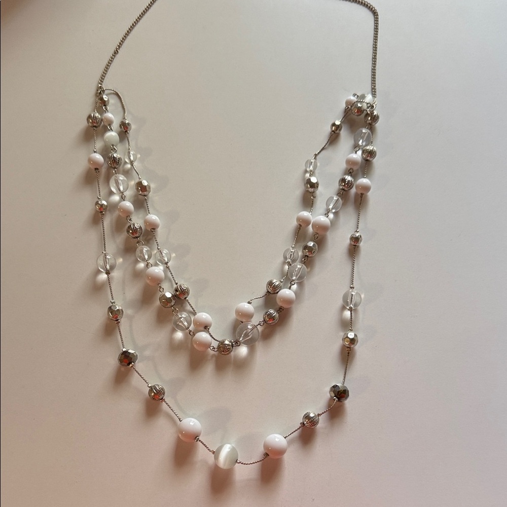 Silver and White Beaded layered necklace